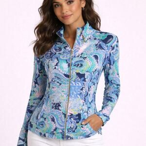 Lilly Pulitzer Serena Zip Jacket S Sirens & Spirits Print Pink Blue Full Zip